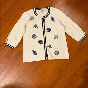 Appleseed's White and Blue Women Button-Down Sweater